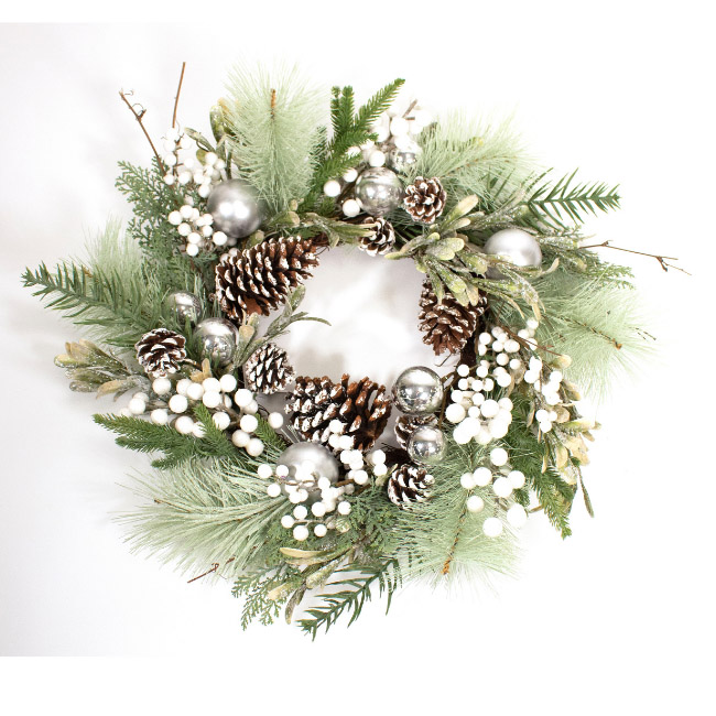 60CM WHITE BERRY AND SILVER BAUBLE CHRISTMAS WREATH