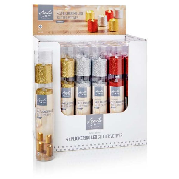 GLITTER LED TEA LIGHT 4PC BATTERY OPERATED