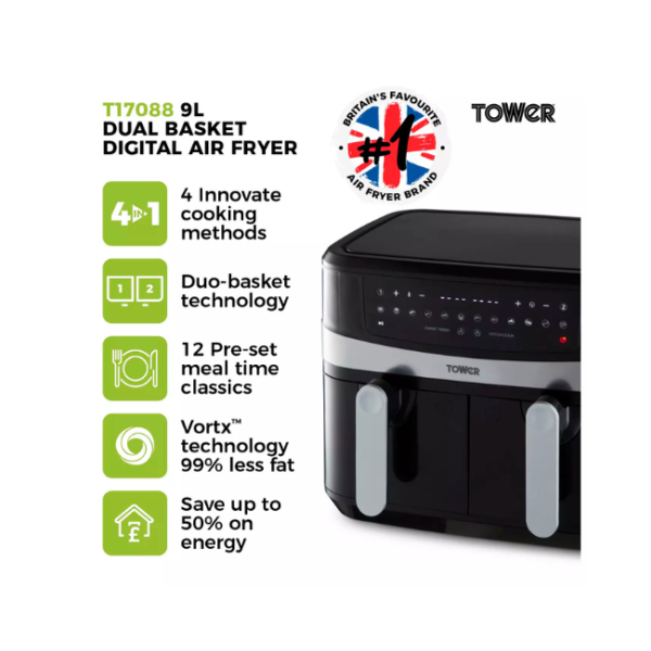TOWER 9L DUAL BASKET AIR FRYER T17088 - Image 2