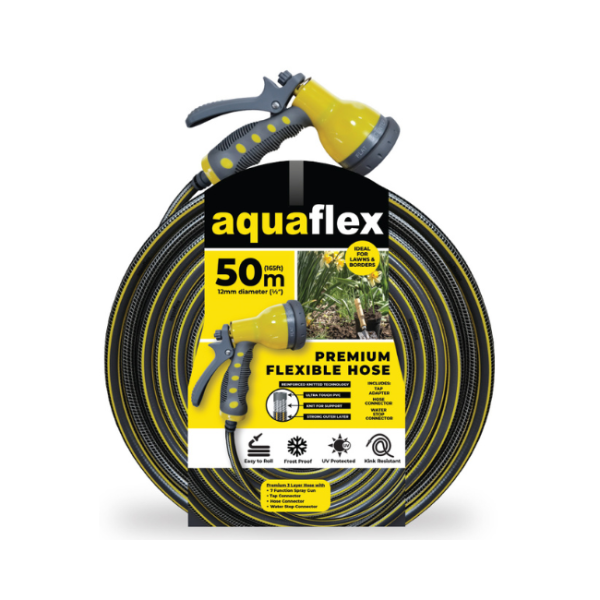 AQUAFLEX PREMIUM 50M HOSE WITH 7 FUNCTION GUN AND FITTINGS