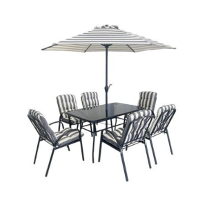 MADISON STRIPE 6 SEATER DINING SET WITH PARASOL