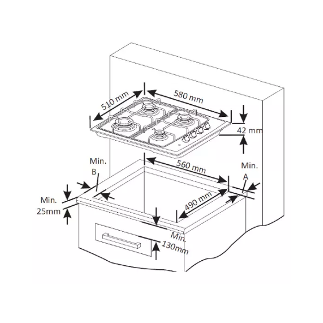 NORDMENDE 60CM S/S 4 GAS BURNER HOB HGE603IX - Image 4