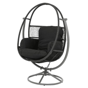 HANGING BLACK WICKER EGG CHAIR WITH GREY CUSHION