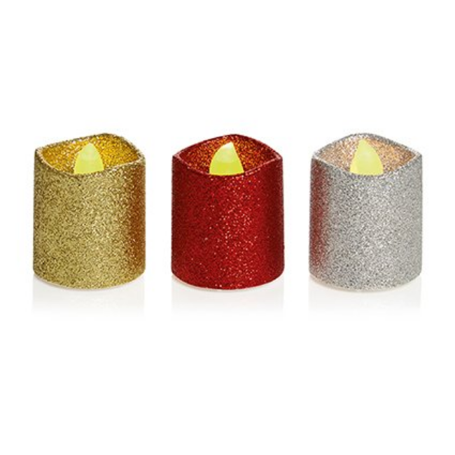 GLITTER LED TEALIGHTS 4PK - 3 ASS. COLOUR