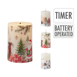 CHRISTMAS PRINT CANDLE 10CM - BATTERY OPERATED W/ TIMER