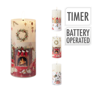 CHRISTMAS PRINT CANDLE 15CM - BATTERY OPERATED W/ TIMER