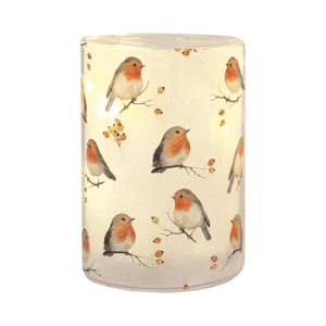 LED ROBIN ON BRANCH GLITTER COLUMN 13CM