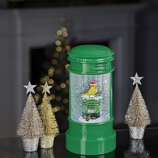 LIT GREEN POST BOX WITH ROBIN SCENE WATER SPINNER - 23CM - Image 2