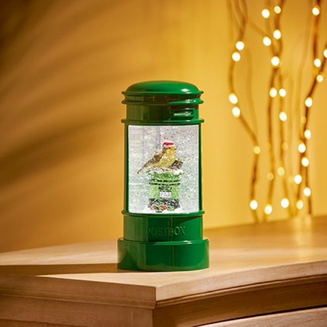 LIT GREEN POST BOX WITH ROBIN SCENE WATER SPINNER - 23CM - Image 3