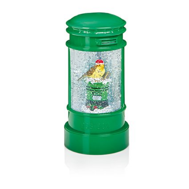 LIT GREEN POST BOX WITH ROBIN SCENE WATER SPINNER - 23CM