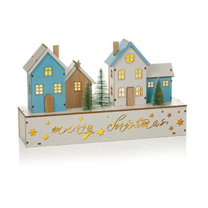 LIT BLUE WOODEN HOUSES SCENE - 30CM