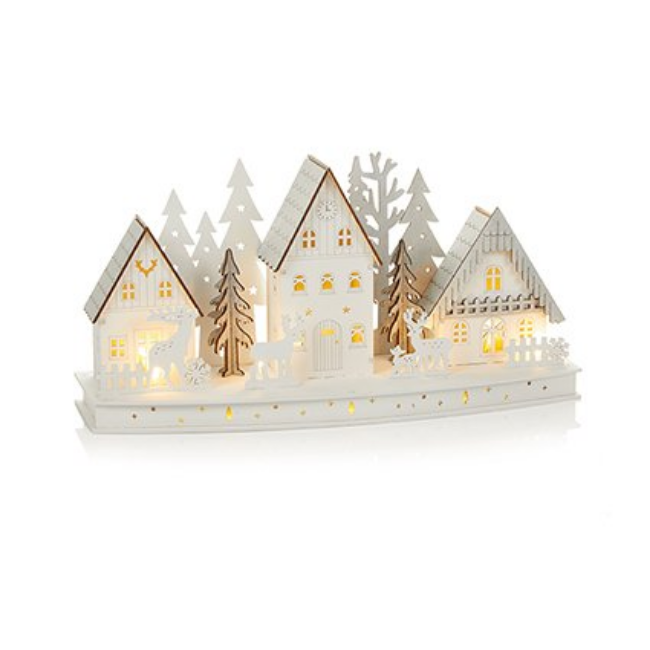 LIT WHITE WOODEN SCENE W/ HOUSES AND TREES - 40CM