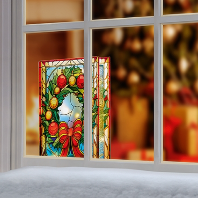 B-O LIT CHRISTMAS WREATH STAINED GLASS DECORATION - 21X13CM - Image 2