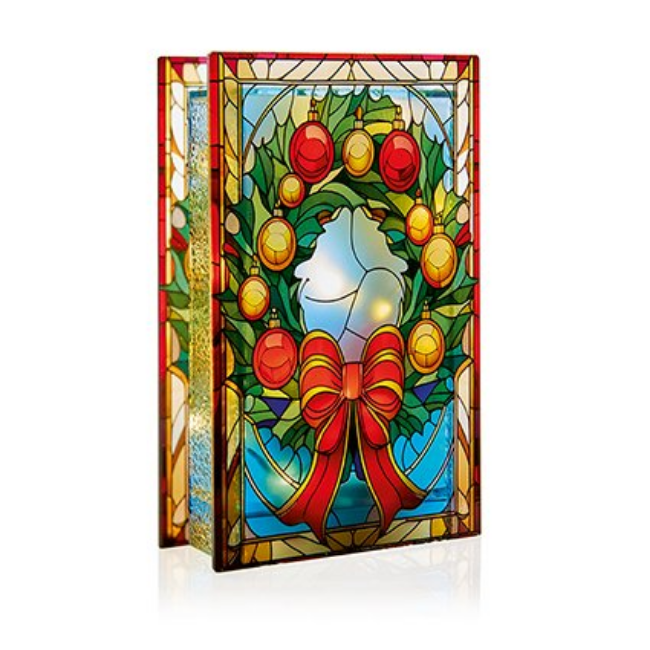 B-O LIT CHRISTMAS WREATH STAINED GLASS DECORATION - 21X13CM