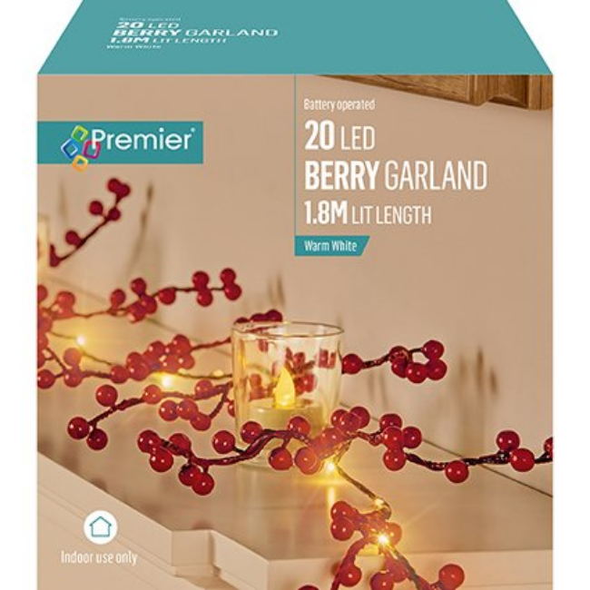 LIT HOLLY BERRY GARLAND W/ WARM WHITE LED - 1.8M