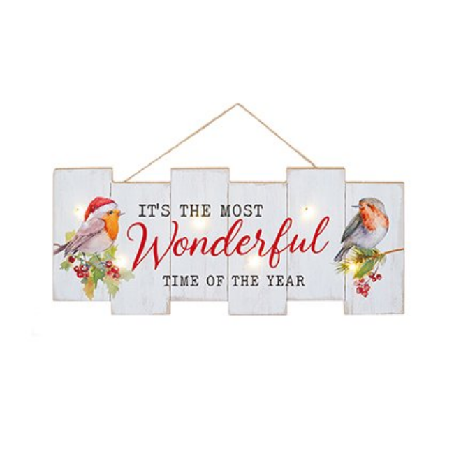 LIT ROBIN SCENE PLAQUE - 48X21CM