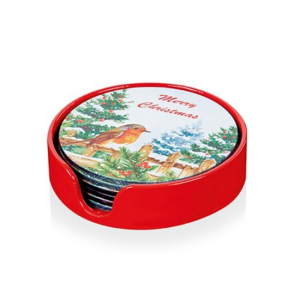 MERRY CHRISTMAS ROBIN COASTERS WITH HOLDER 6PC
