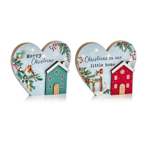 LIT ROBIN HEART PLAQUE 18CM - 2 ASST.