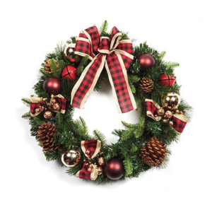 RED BOW WREATH W/ BAUBLES AND PINCONES - 50CM