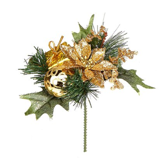 POINSETTIA AND BAUBLE CHRISTMAS PICK - RED/GOLD/SILVER - 16CM - Image 4