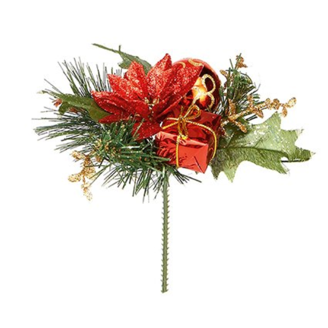 POINSETTIA AND BAUBLE CHRISTMAS PICK - RED/GOLD/SILVER - 16CM - Image 3