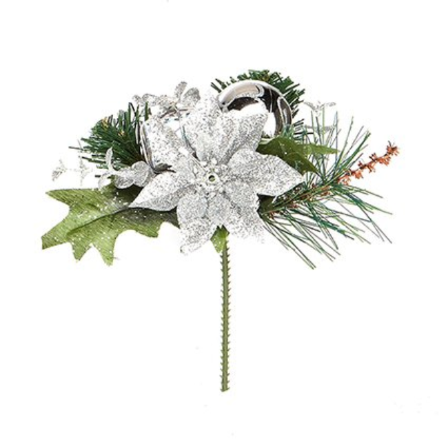POINSETTIA AND BAUBLE CHRISTMAS PICK - RED/GOLD/SILVER - 16CM - Image 2