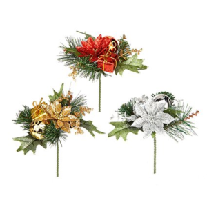 POINSETTIA AND BAUBLE CHRISTMAS PICK - RED/GOLD/SILVER - 16CM