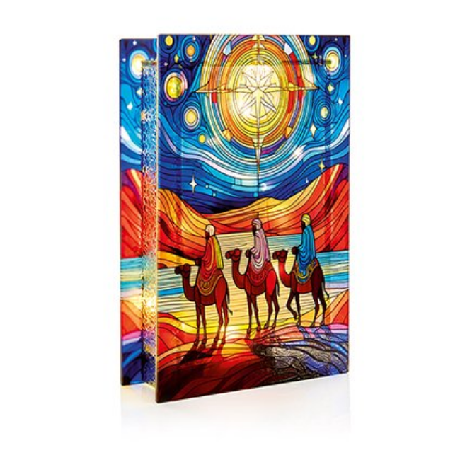 B-O LIT THREE WISE MEN STAINED GLASS DECORATION - 21X13CM