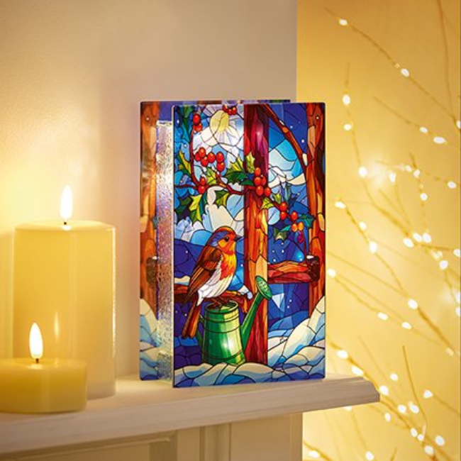 B-O LIT ROBIN STAINED GLASS DECORATION 21X13CM - Image 2