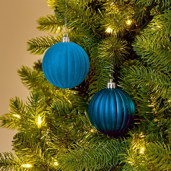 4PK MIDNIGHT BLUE FLOCK/MATT SHATTERPROOF BAUBLES - 80MM - Image 3