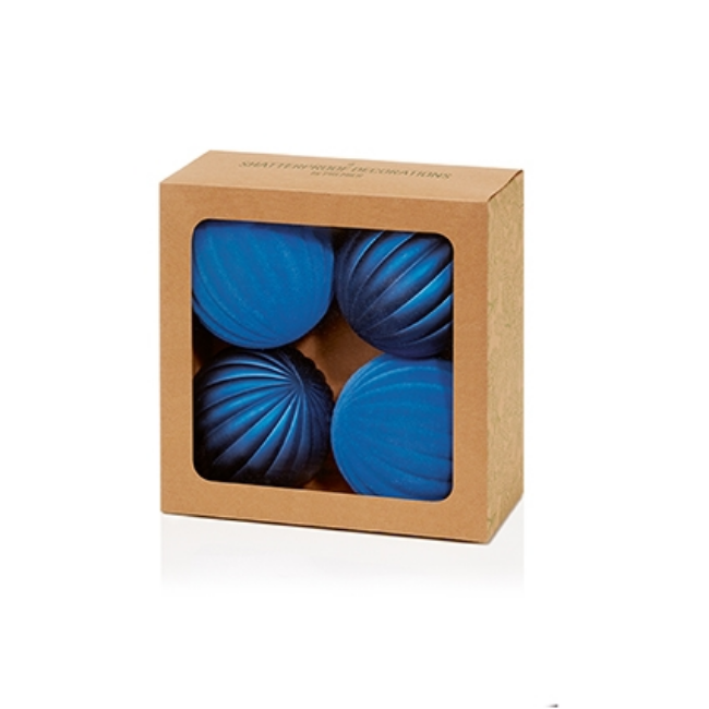 4PK MIDNIGHT BLUE FLOCK/MATT SHATTERPROOF BAUBLES - 80MM