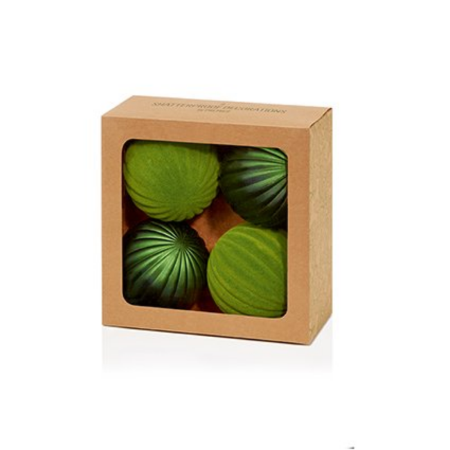 4PK DARK GREEN FLOCK/MATT SHATTERPROOF BAUBLES 80MM