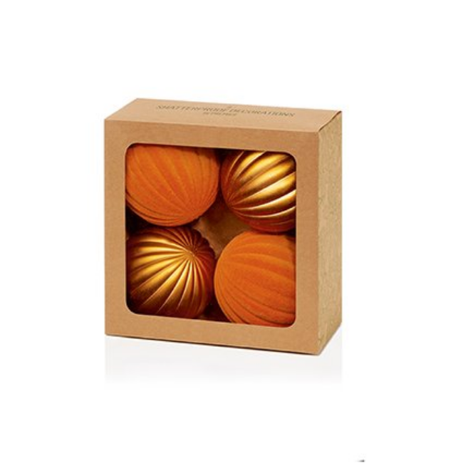 4PK CARAMEL FLOCK/MATT SHATTERPROOF BAUBLES - 80MM