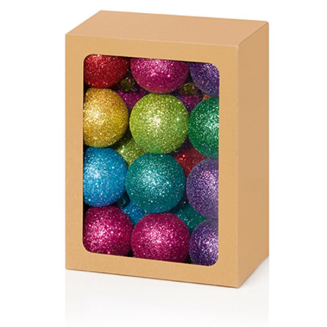 24PK RAINBOW GLITTER SHATTERPROOF BAUBLES - 30MM