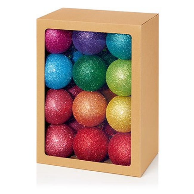 24PK RAINBOW GLITTER SHATTERPROOF BAUBLES - 60MM