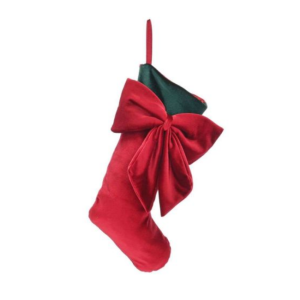 RED VELVET STOCKING WITH GREEN TRIM & RED BOW 46CM