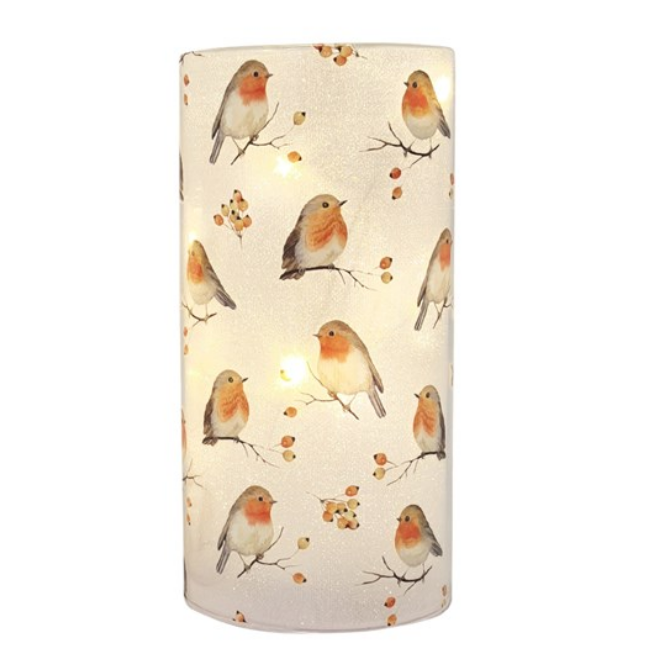 LED ROBIN ON BRANCH GLITTER COLUMN 18CM