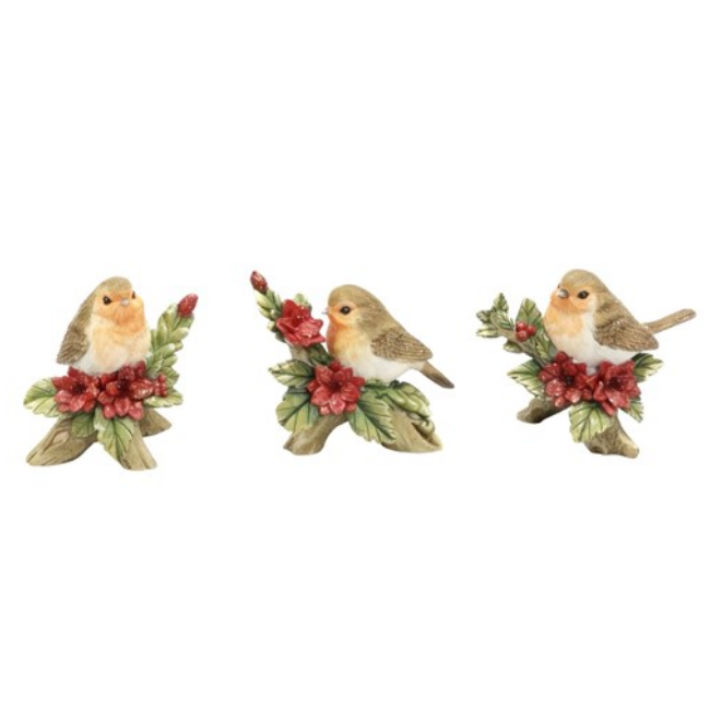 ROBIN & POINSETTIA FIGURINE 8CM 3 ASSORTED