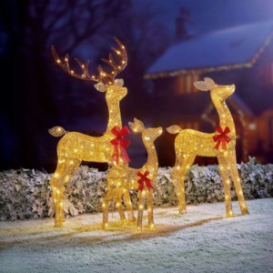 LIT GOLD GLITTER FABRIC REINDEER SET OF 3 76CM-1.1M-1.4M