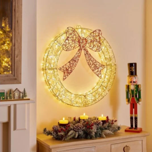 LIT GOLD WREATH WITH RED BOW GOLDEN ELEGANCE 70CM