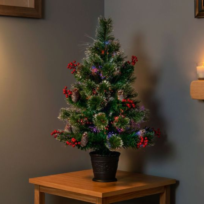 FIBRE OPTIC SNOW TIPPED BOTTLE BRUSH TREE W/ BERRIES & CONES - 80CM