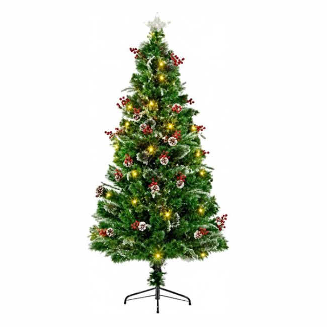 FIBRE OPTIC SNOW TIPPED BOTTLE BRUSH TREE W/ BERRIES & CONES - 1.8M