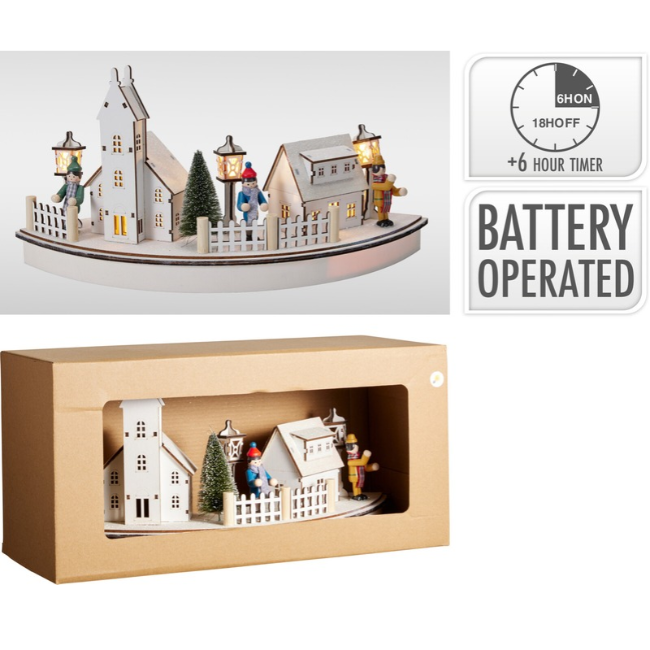 HOUSE XMAS SCENE WHITE LED B/O - 39CM